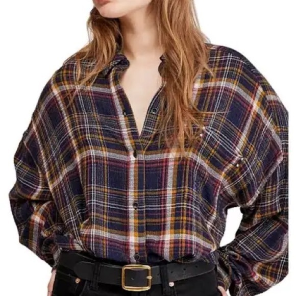 Free People We The Free Hidden Valley Button Down Black Multicolor Plaid Shirt M - Picture 5 of 12